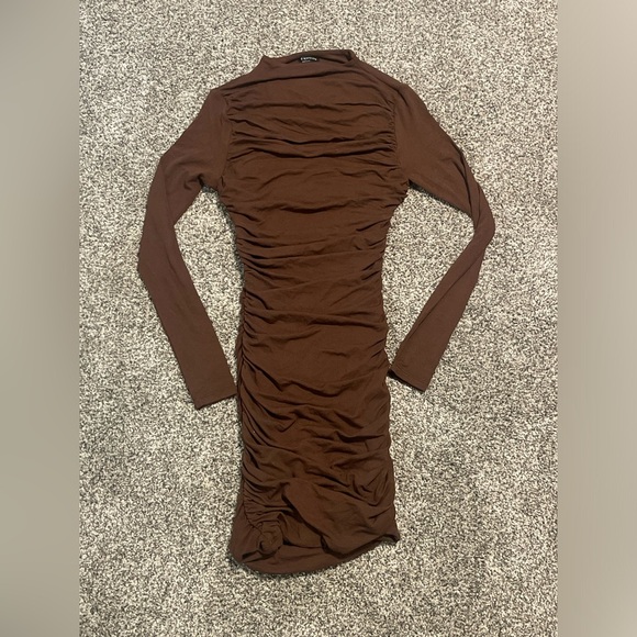 Naked Wardrobe Ruched Brown Long Sleeve Dress with Strappy Open Back - Picture 2 of 4